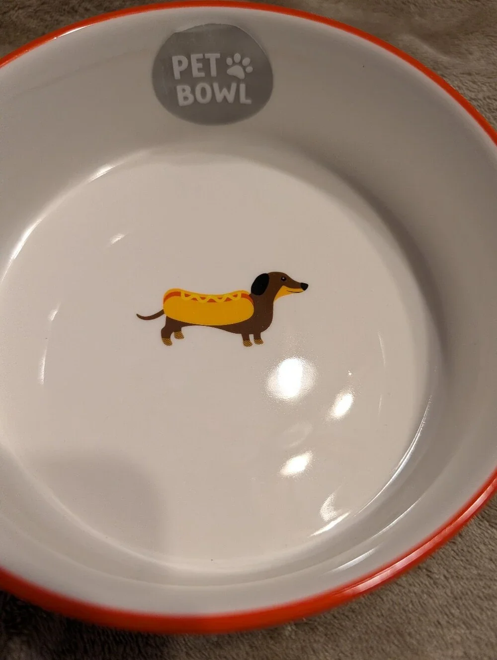 White & Orange Pet Bowl with Dachshund Graphic Med-large Dog Bowl